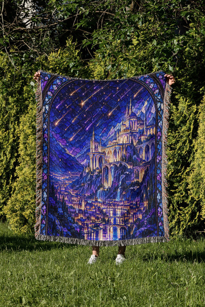 Starfall over Velaris Stained Glass Woven Throw Blanket held up in a garden