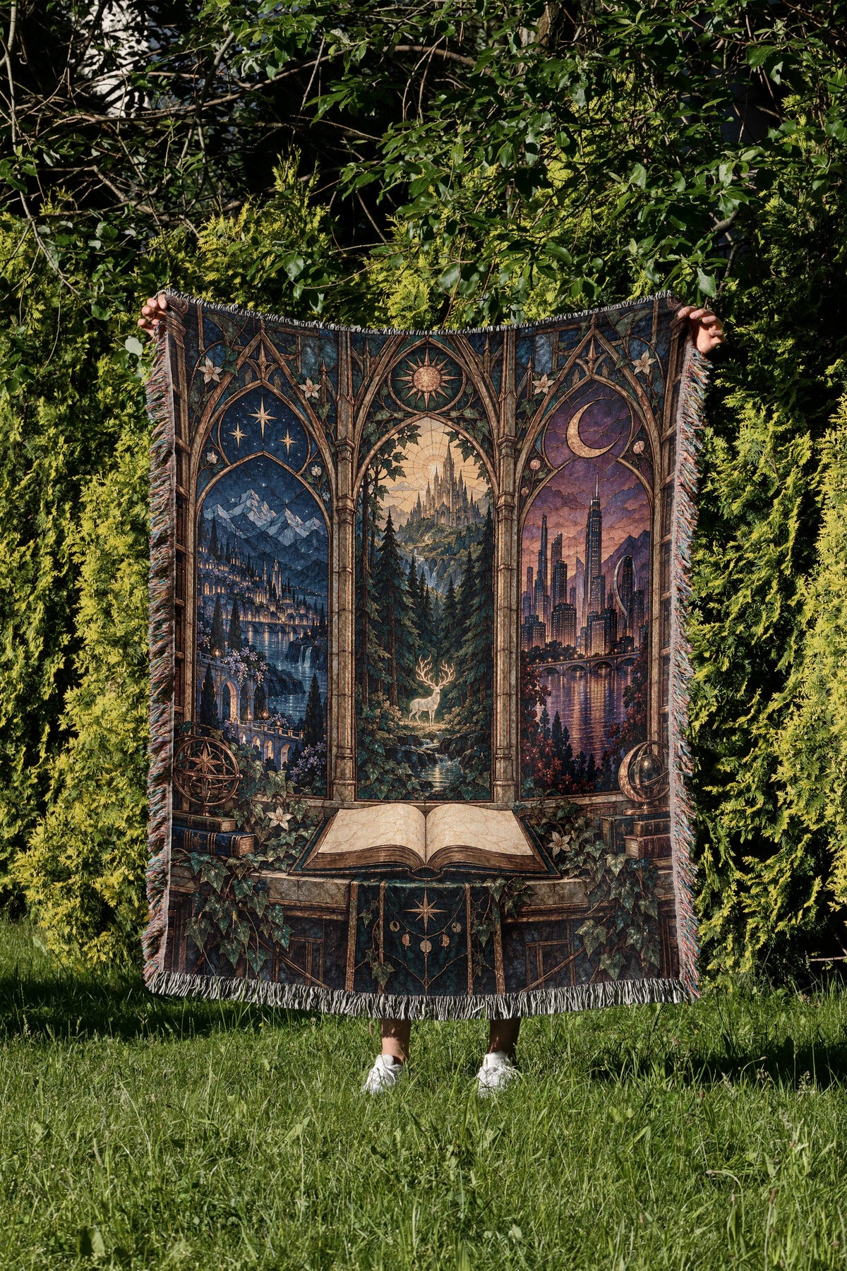 Maasverse Realms Woven Throw Blanket held up in a garden