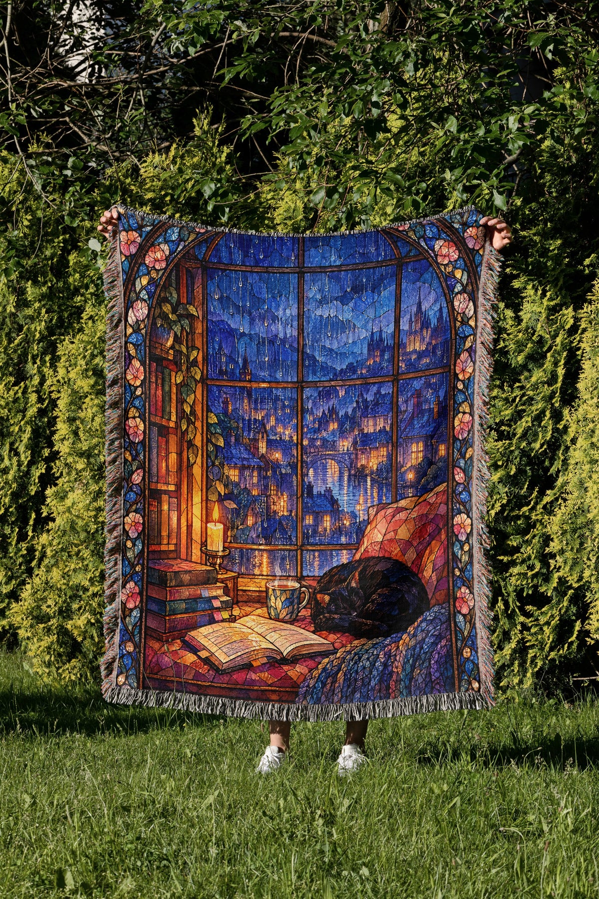 The Reader's Window Stained Glass Woven Throw Blanket held up in a garden
