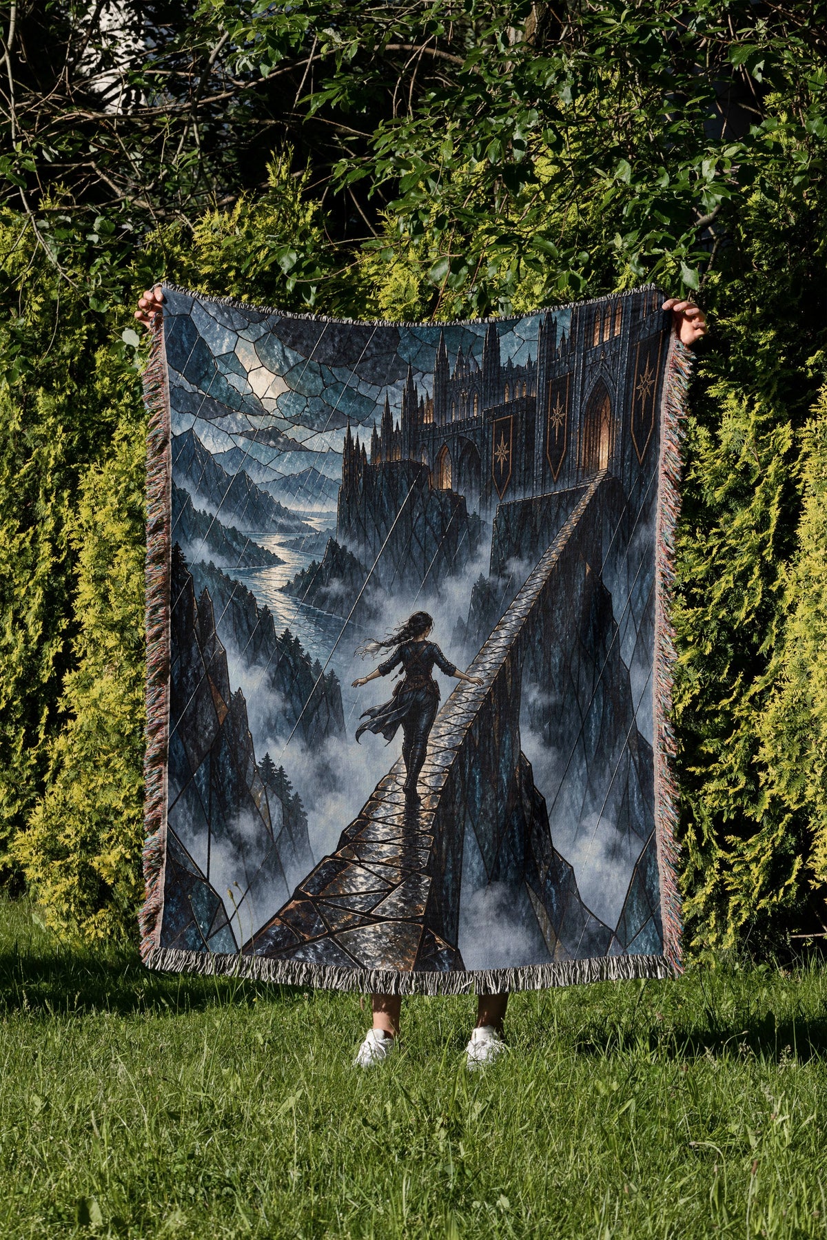 Parapet Woven Throw Blanket held up in a garden