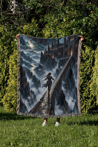 Parapet Woven Throw Blanket held up in a garden