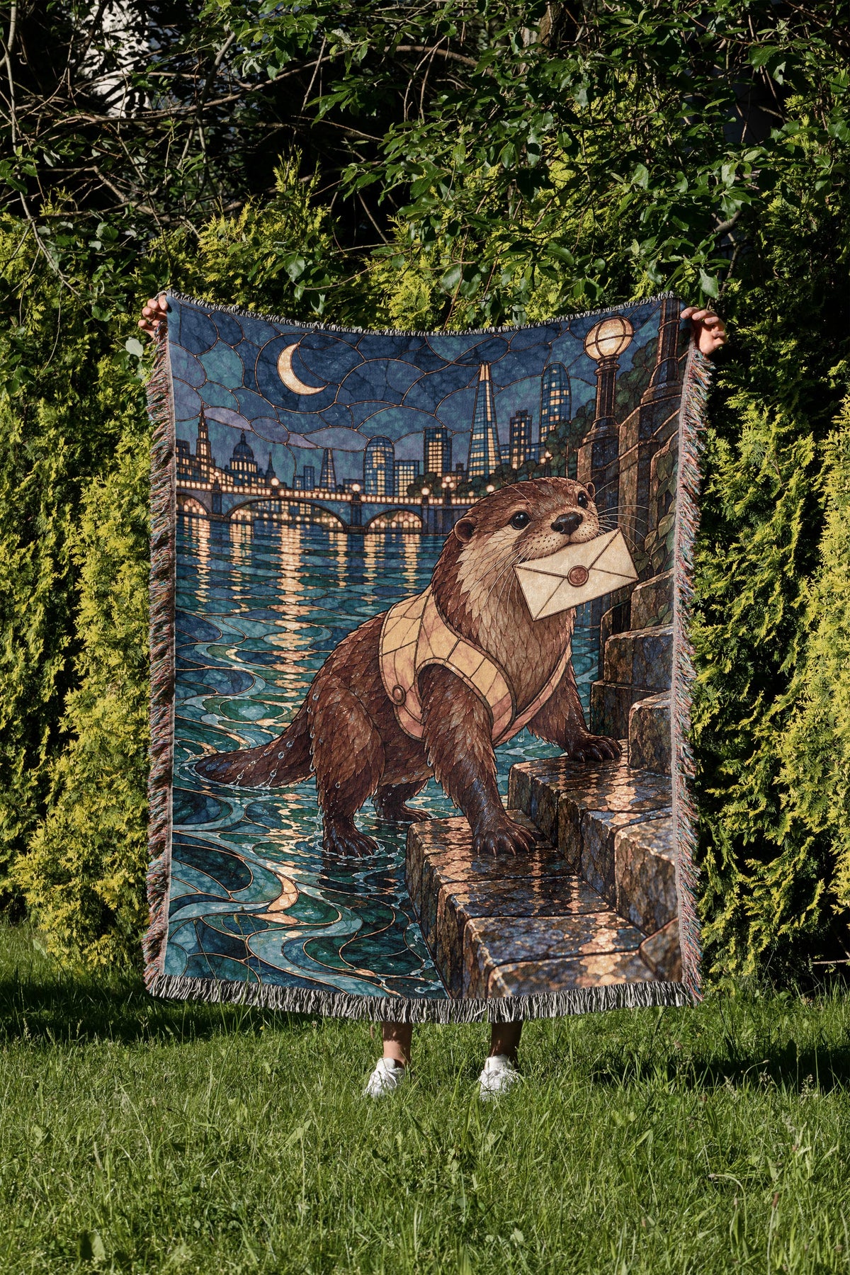 Otter Woven Throw Blanket held up in a garden