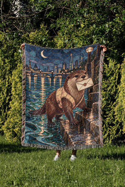 Otter Woven Throw Blanket held up in a garden