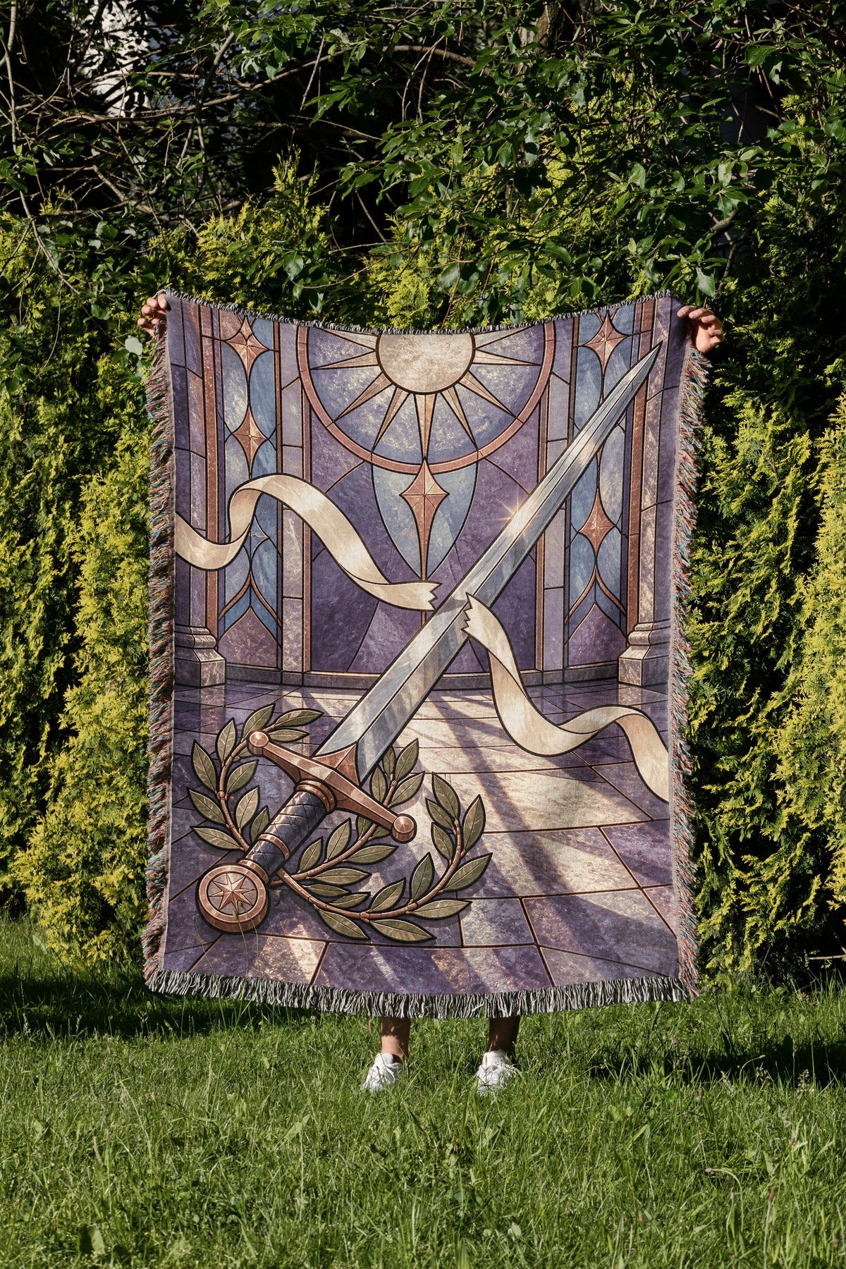 Radiant Blade Woven Throw Blanket held up in a garden