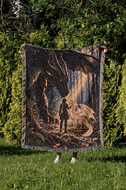 Three Bonds Woven Throw Blanket held up in a garden