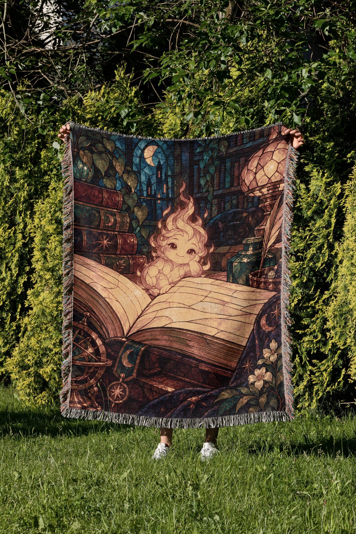 Ember Woven Throw Blanket held up in a garden