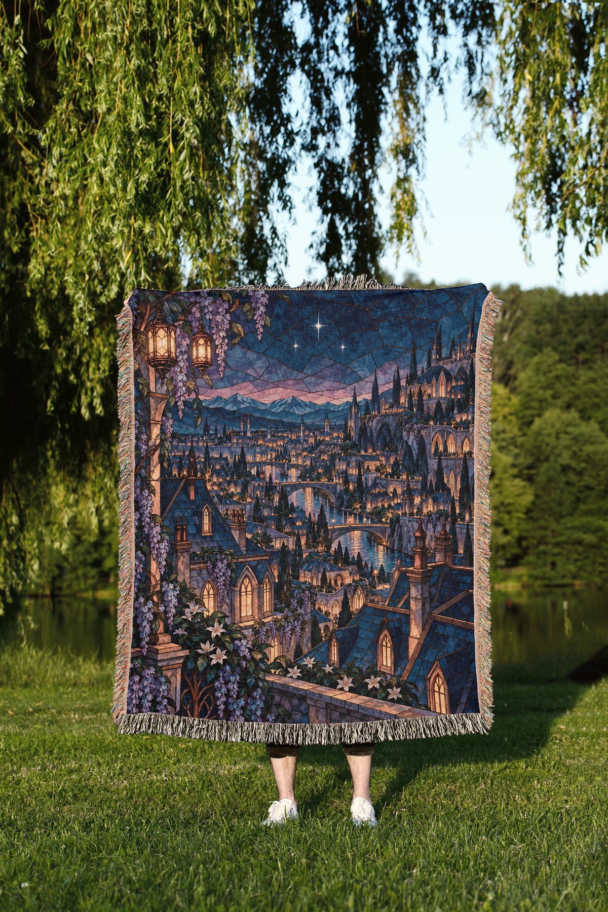 Velaris Rooftop Woven Throw Blanket held up outdoors