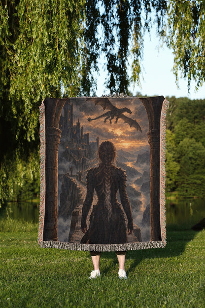 Violet at the Parapet Woven Throw Blanket held up outdoors