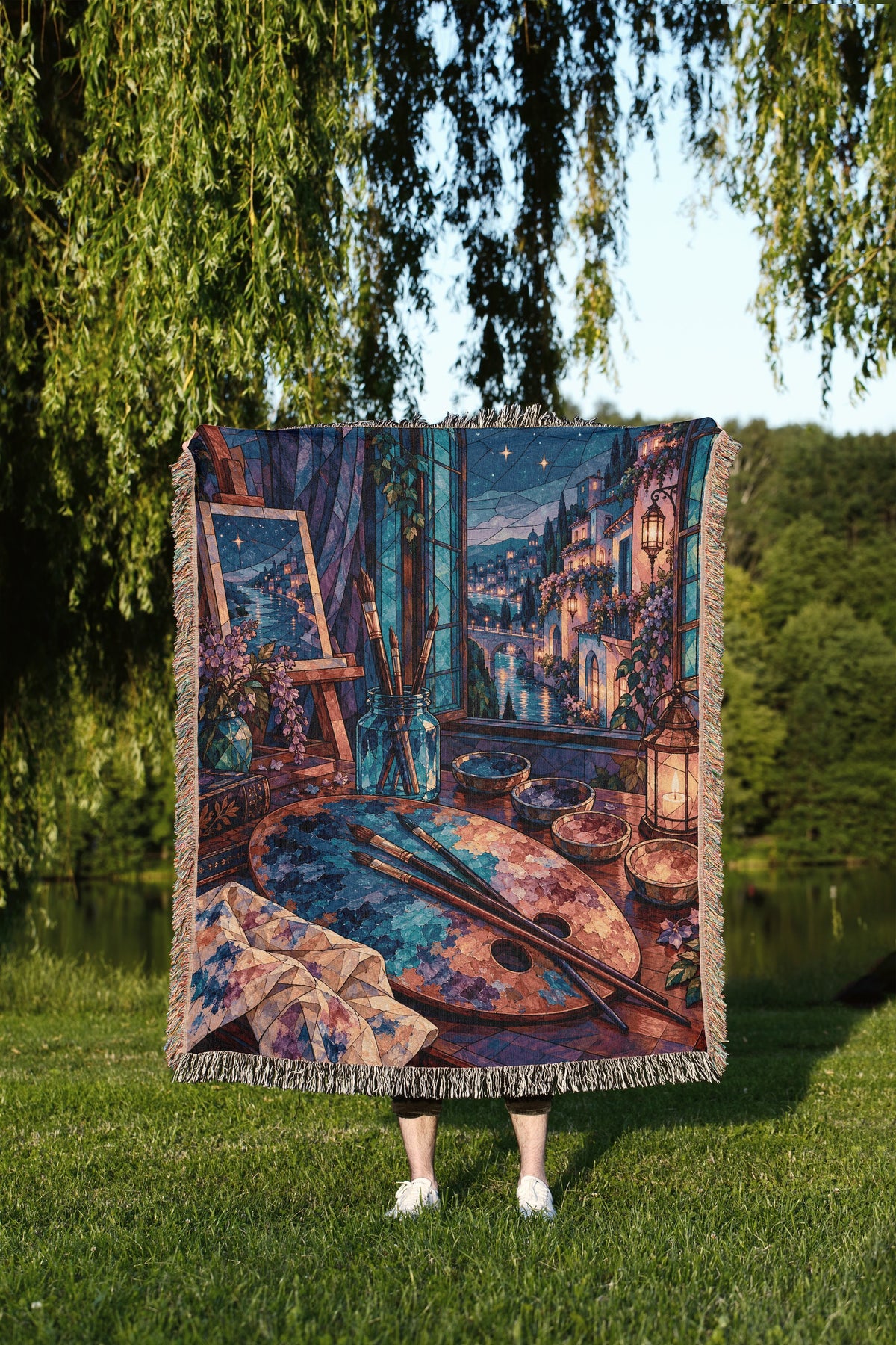 The Rainbow of Velaris Woven Throw Blanket held up outdoors