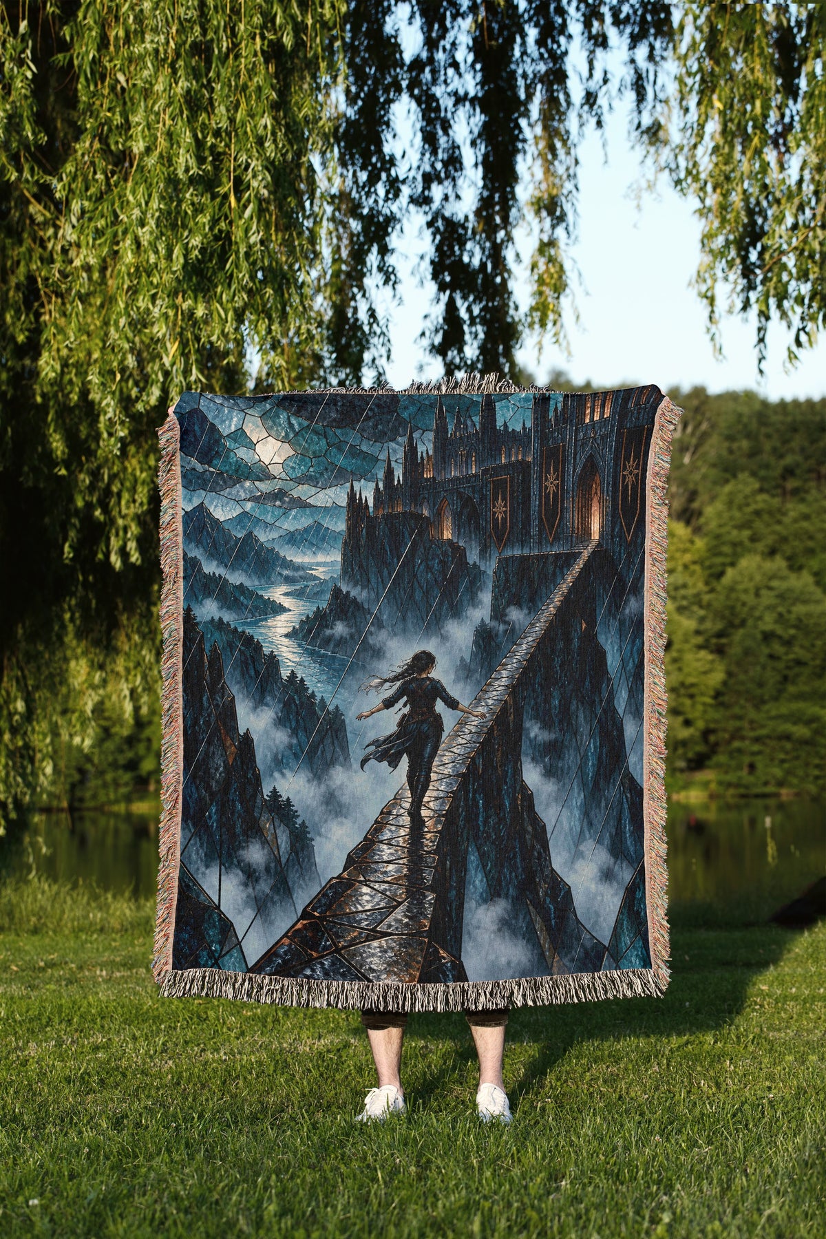 Parapet Woven Throw Blanket held up outdoors