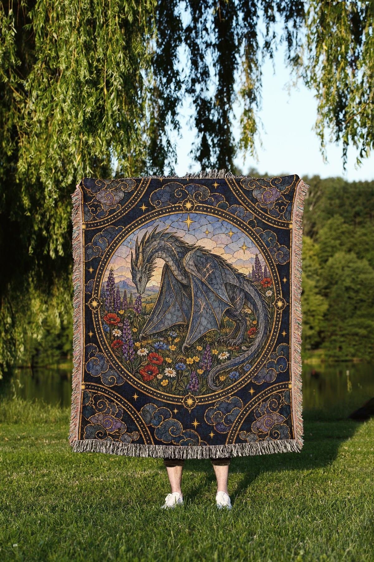 Abraxos in Bloom Stained Glass Woven Throw Blanket held up outdoors