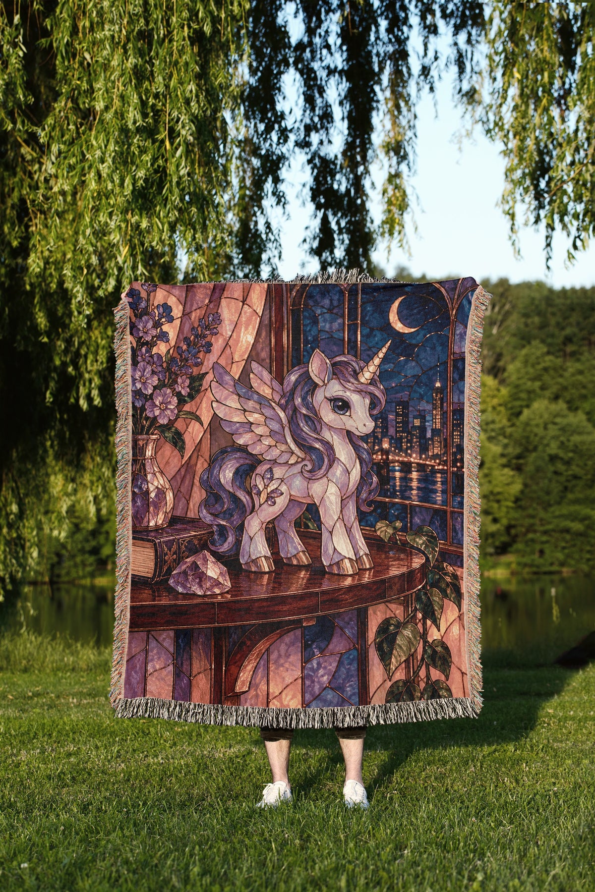 Pegasus Woven Throw Blanket held up outdoors