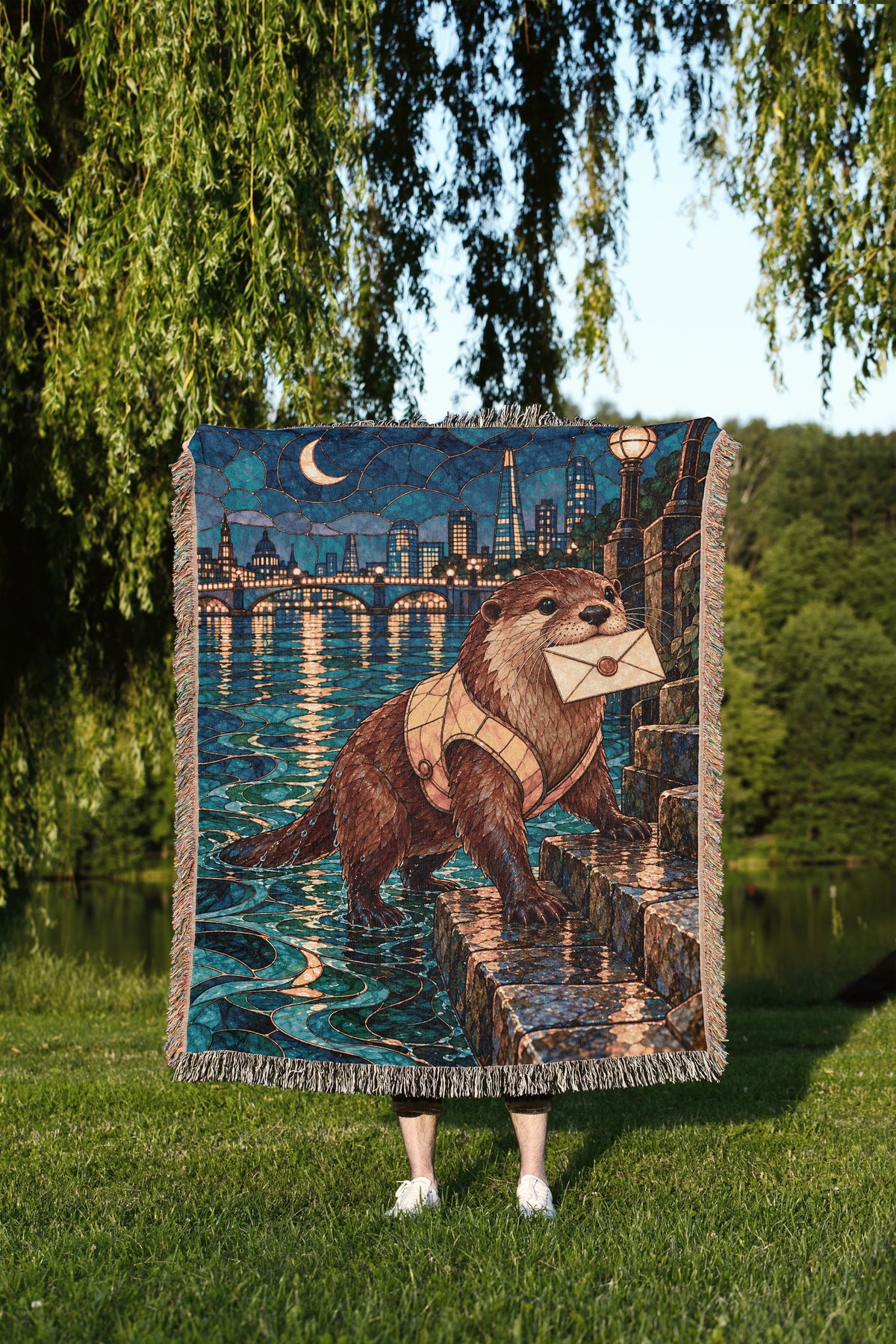 Otter Woven Throw Blanket held up outdoors