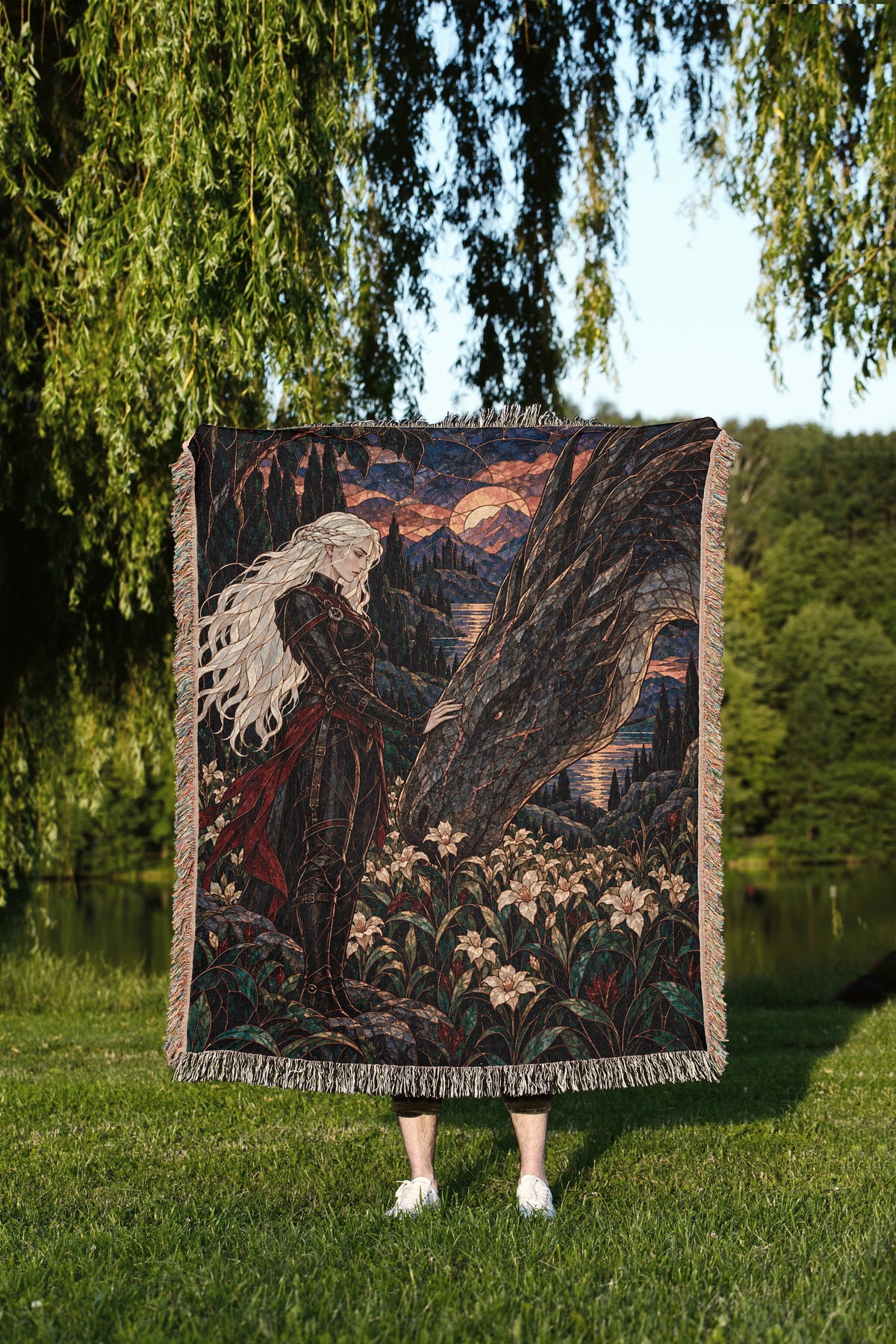 Wildflower Truce Woven Throw Blanket held up outdoors