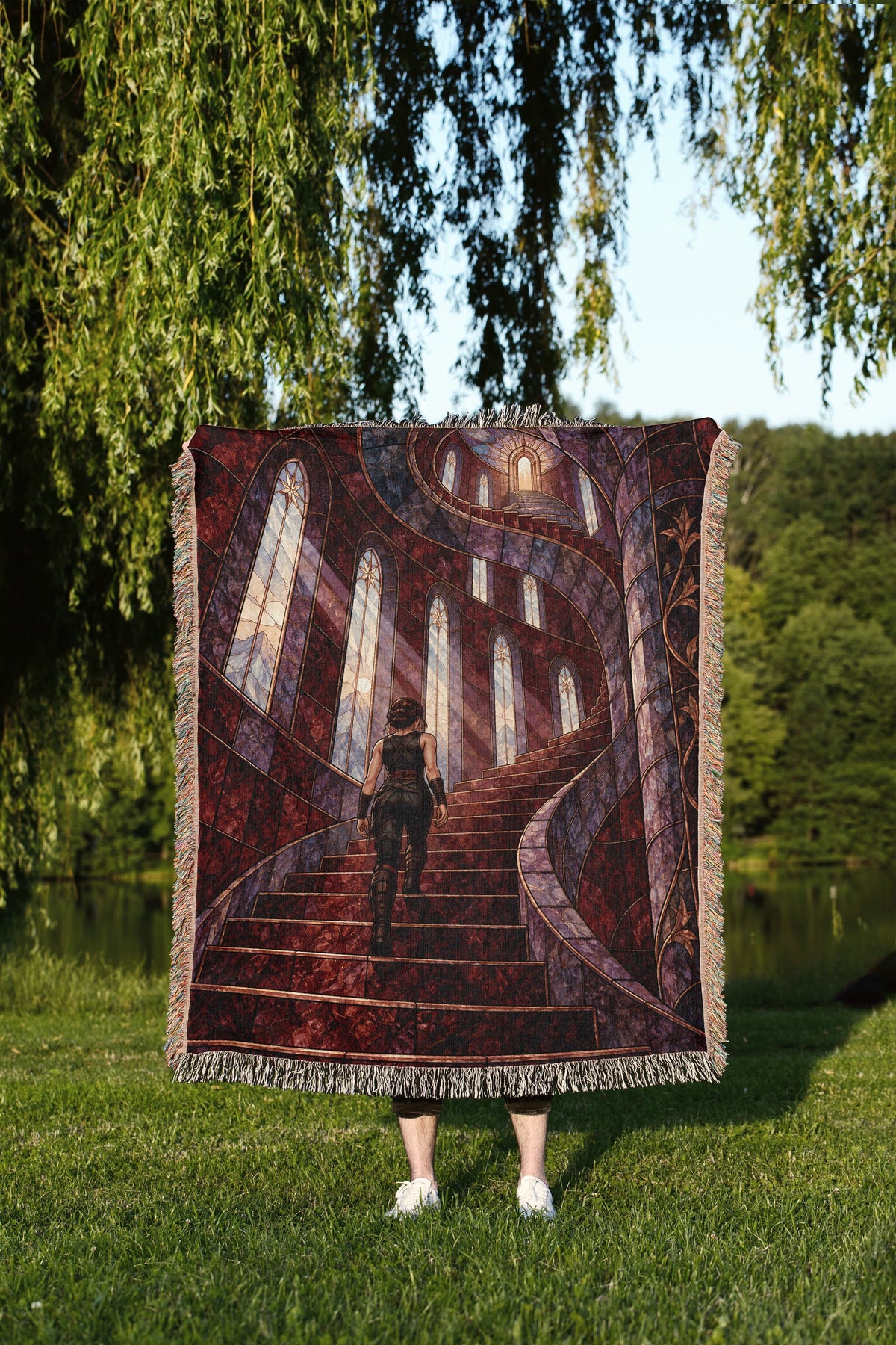 Nesta's Staircase Woven Throw Blanket held up outdoors