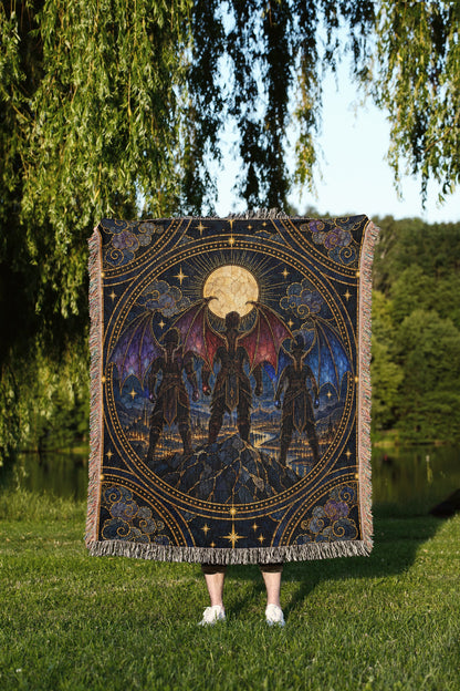 Illyrian Trio Stained Glass Woven Throw Blanket held up outdoors