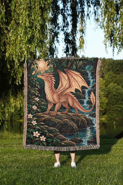 Gold Andarna Woven Throw Blanket held up outdoors
