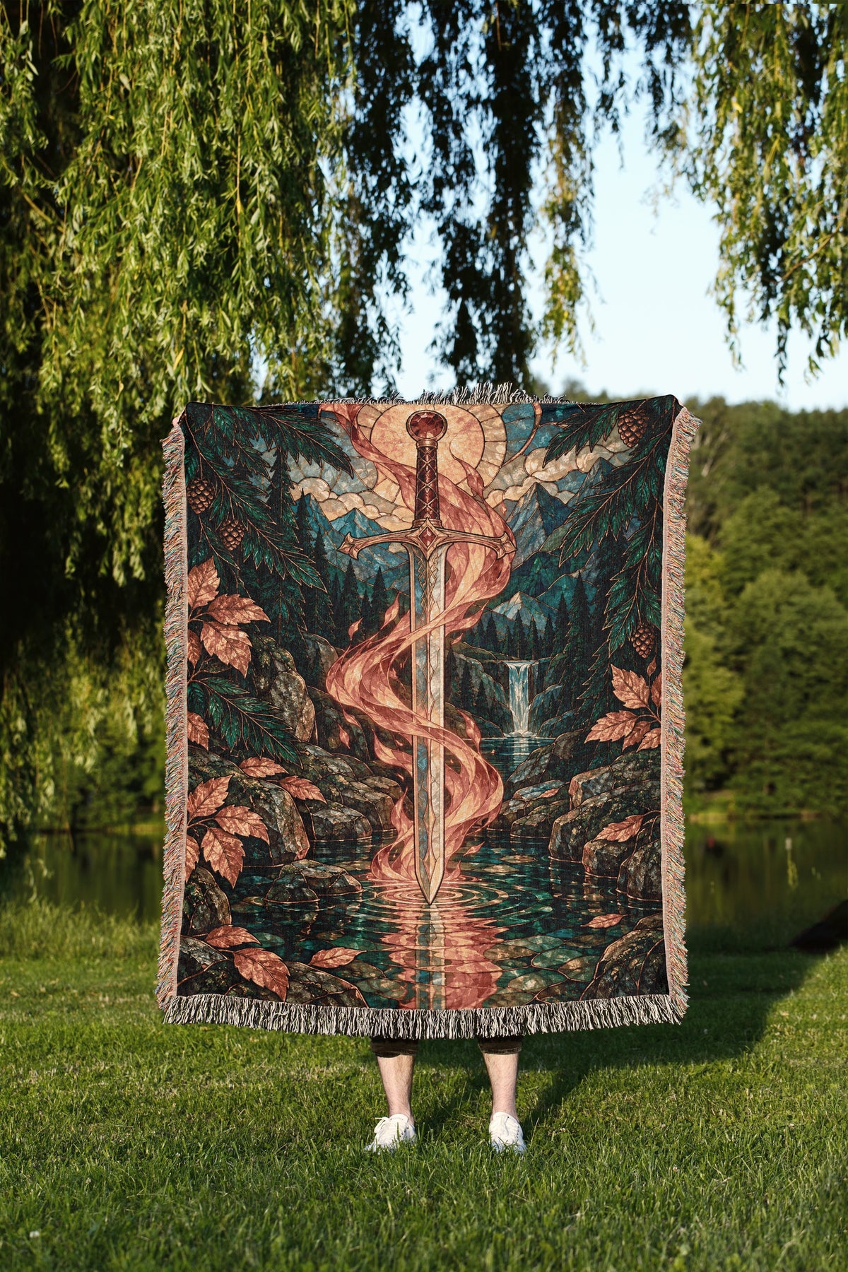 Goldryn Woven Throw Blanket held up outdoors
