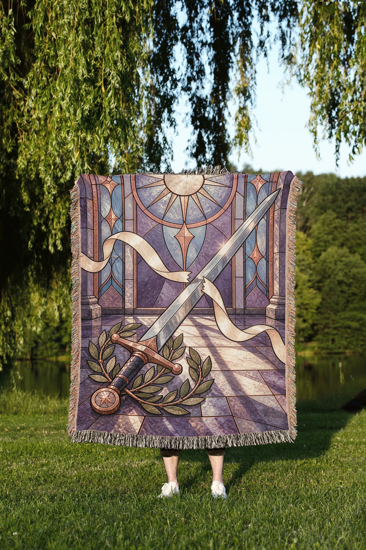 Radiant Blade Woven Throw Blanket held up outdoors