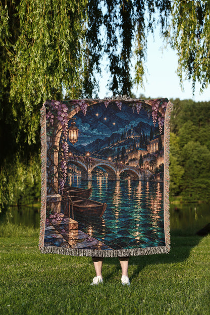 Velaris Woven Throw Blanket held up outdoors