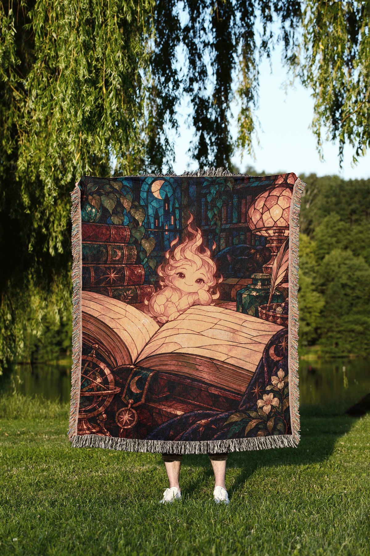 Ember Woven Throw Blanket held up outdoors