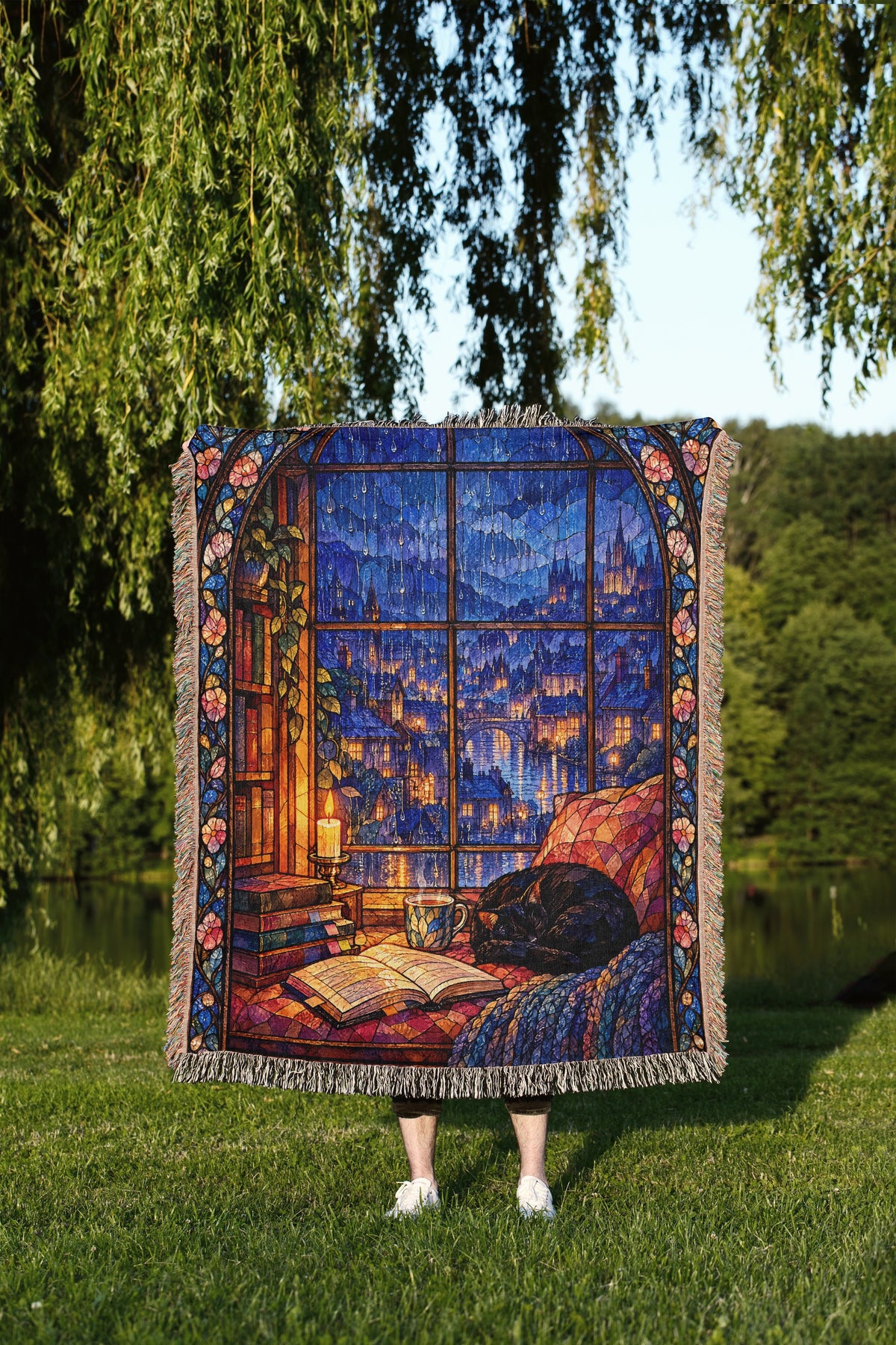 The Reader's Window Stained Glass Woven Throw Blanket held up outdoors