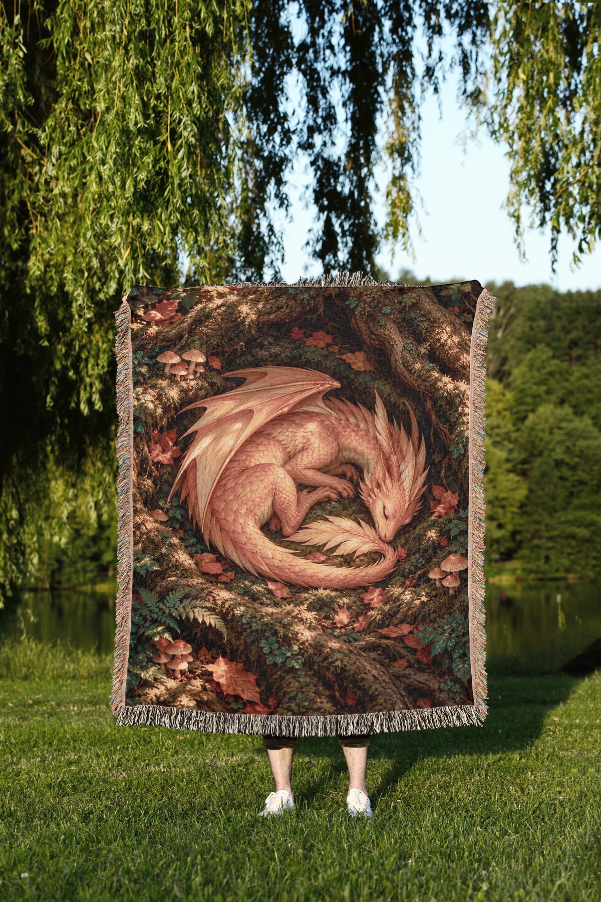 Golden Dragon Woven Throw Blanket held up outdoors