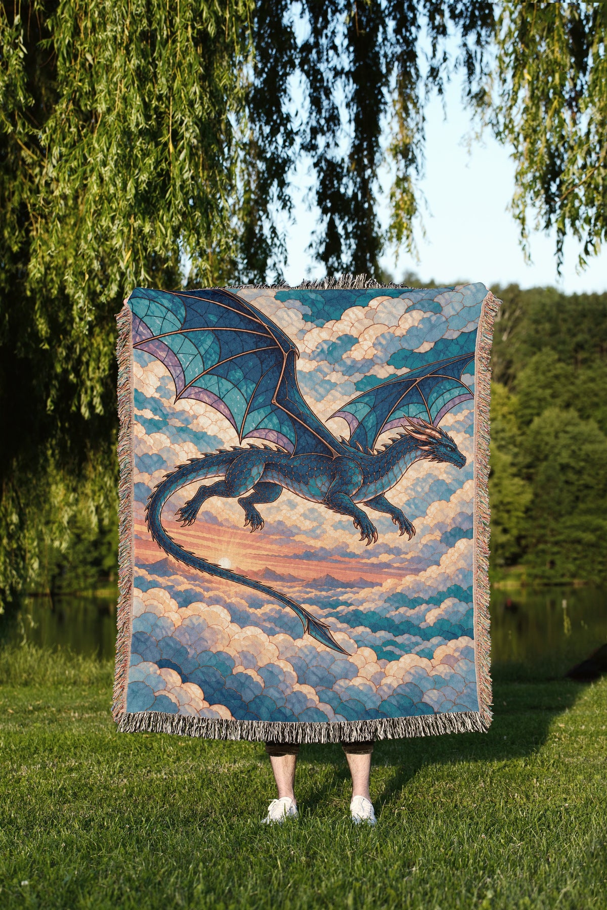 Sgaeyl Dragon Woven Throw Blanket held up outdoors