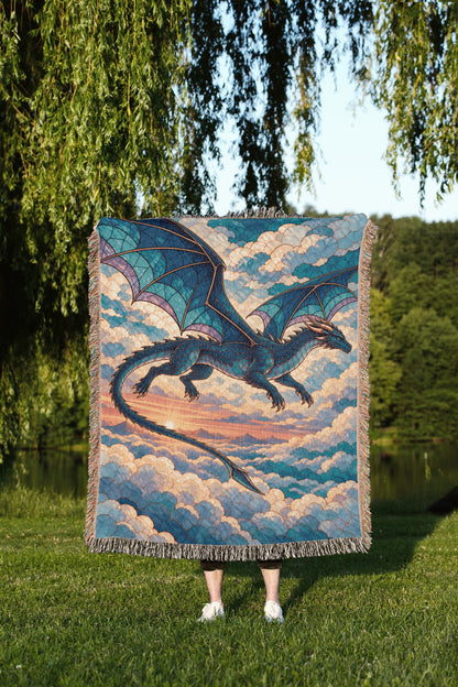 Sgaeyl Dragon Woven Throw Blanket held up outdoors
