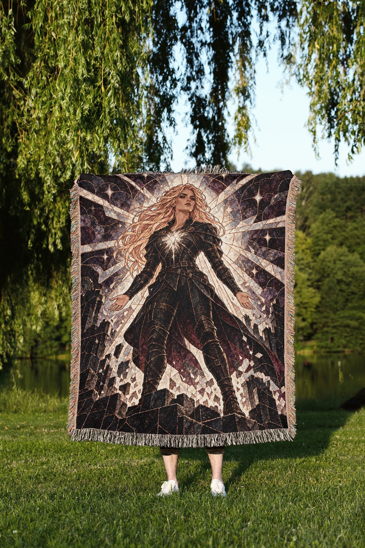 Asterin's Yielding Woven Throw Blanket held up outdoors