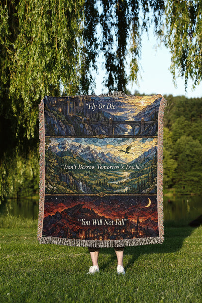 Empyrean Stained Glass Woven Throw Blanket held up outdoors