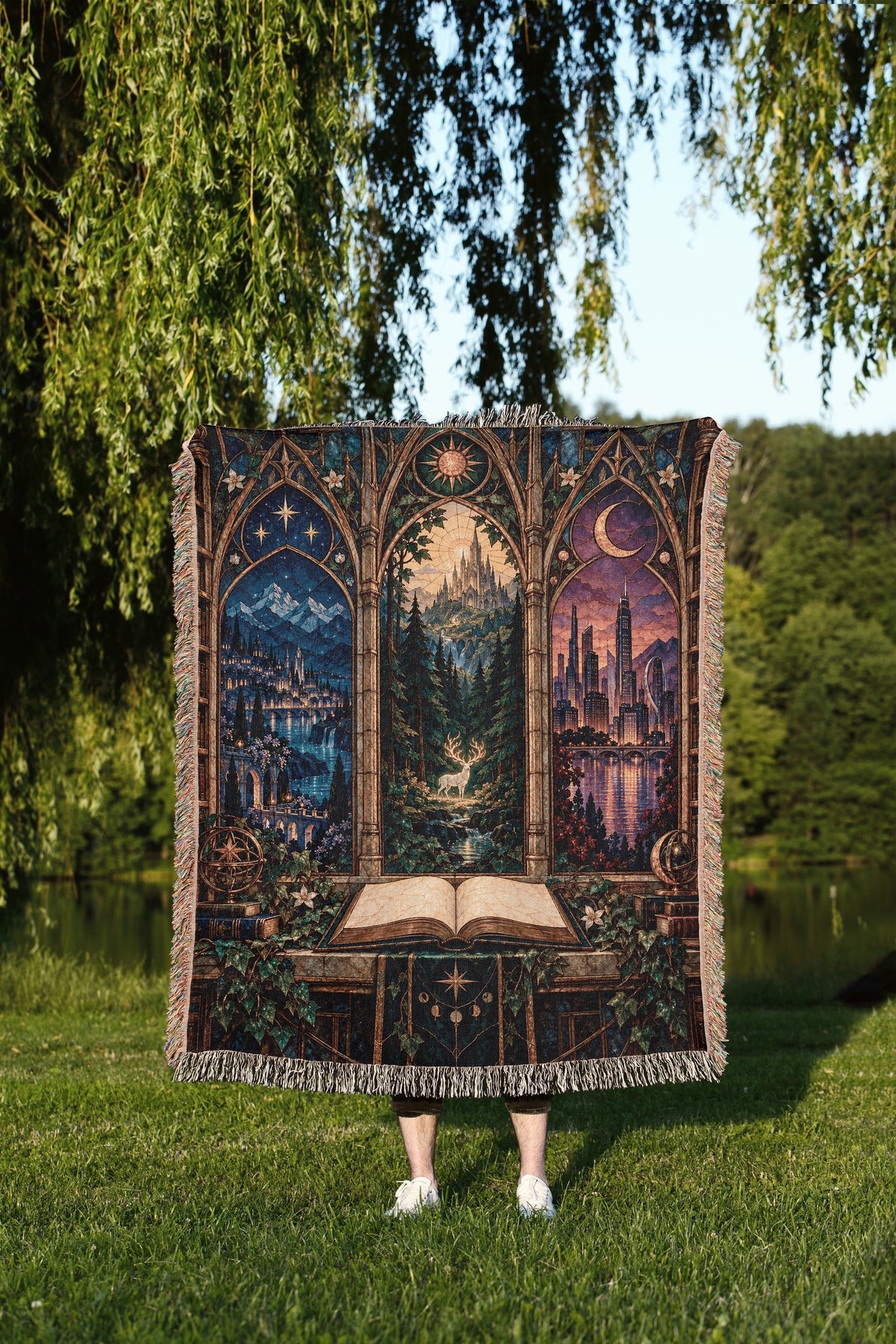 Maasverse Realms Woven Throw Blanket held up outdoors