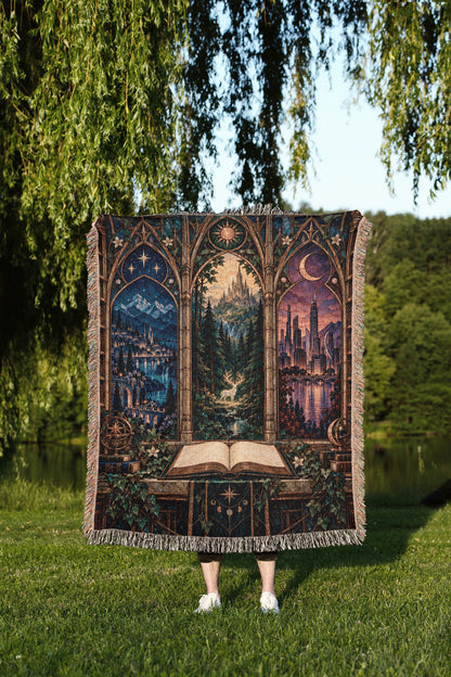 Maasverse Realms Woven Throw Blanket held up outdoors