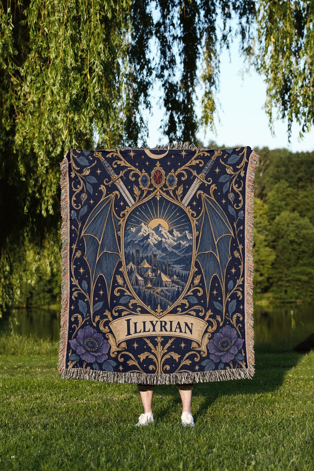 Illyrian Crest Woven Throw Blanket held up outdoors