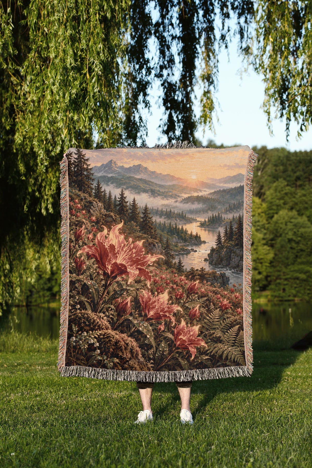 Kingsflame Woven Throw Blanket held up outdoors