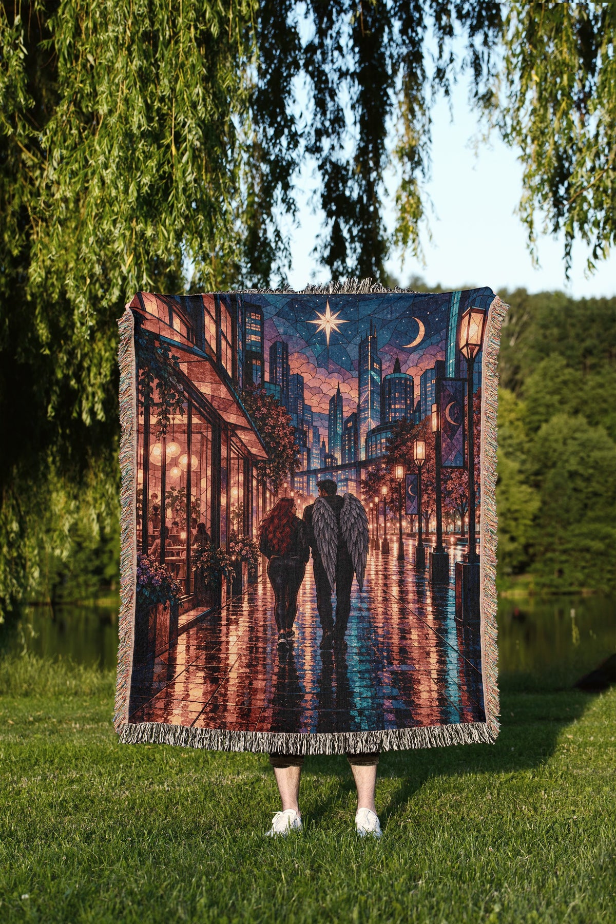 Lunathion Woven Throw Blanket held up outdoors