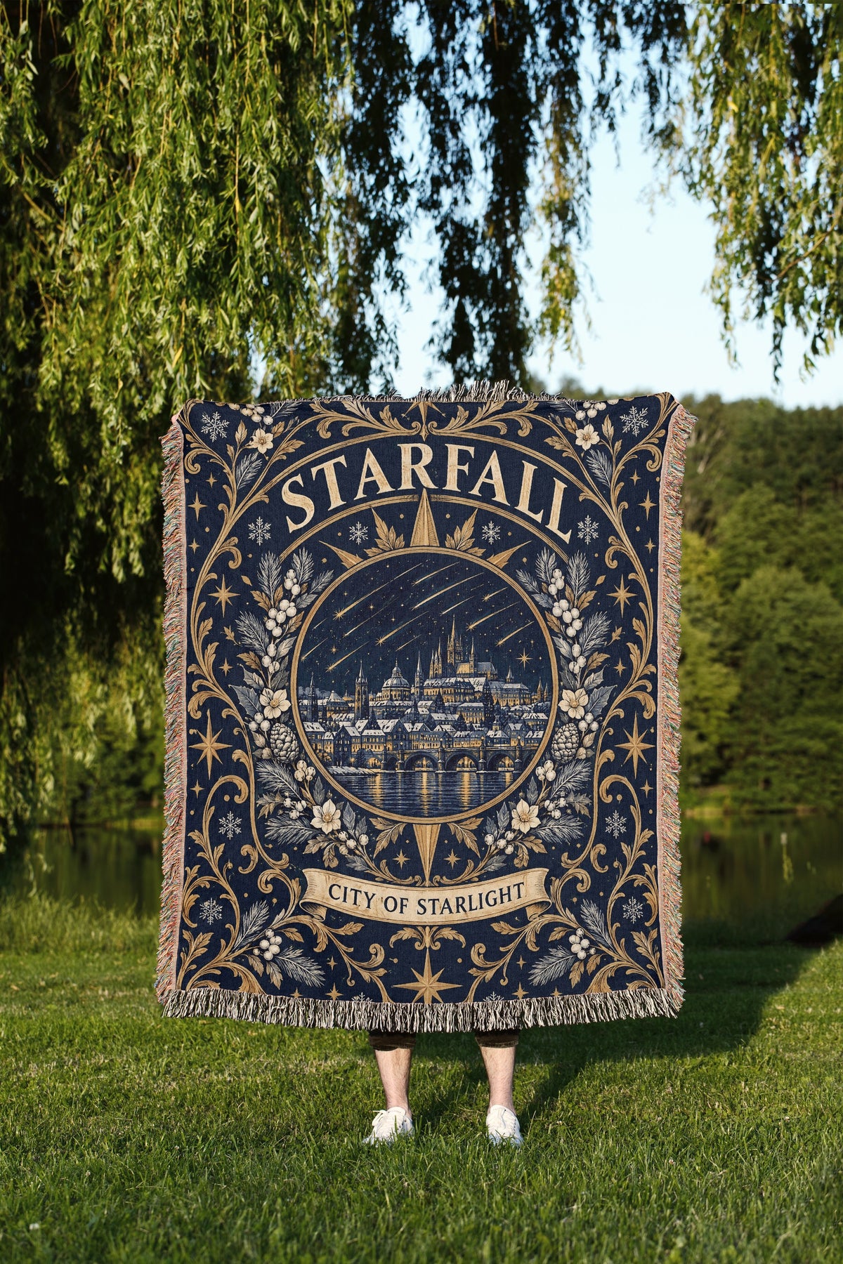 Starfall City of Starlight Crest Woven Throw Blanket held up outdoors