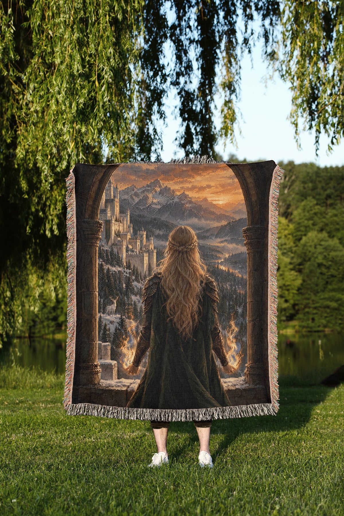 Aelin on the Walls of Orynth Woven Throw Blanket held up outdoors