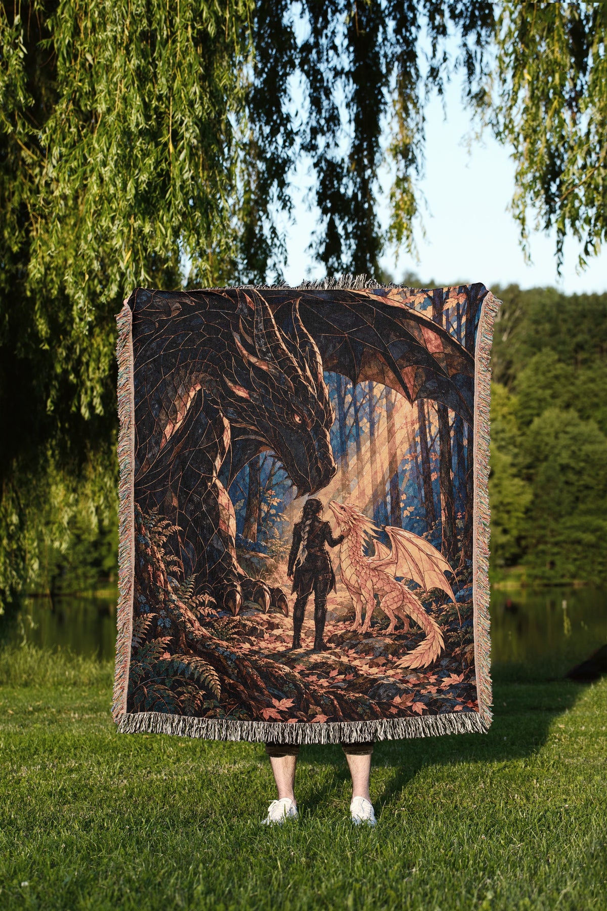 Three Bonds Woven Throw Blanket held up outdoors