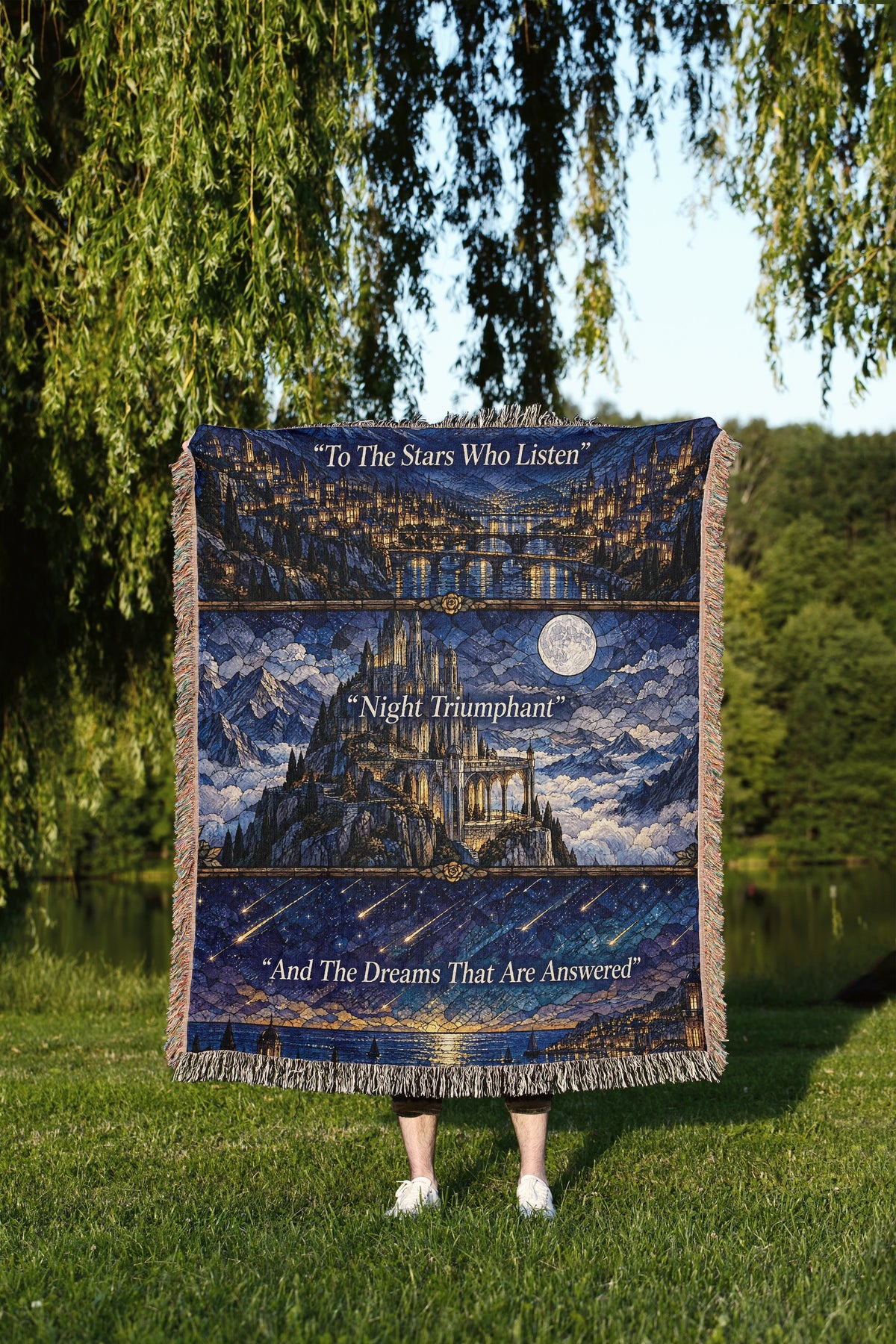 Night Court Stained Glass Woven Throw Blanket held up outdoors