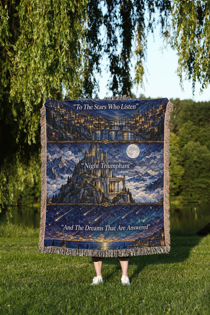 Night Court Stained Glass Woven Throw Blanket held up outdoors