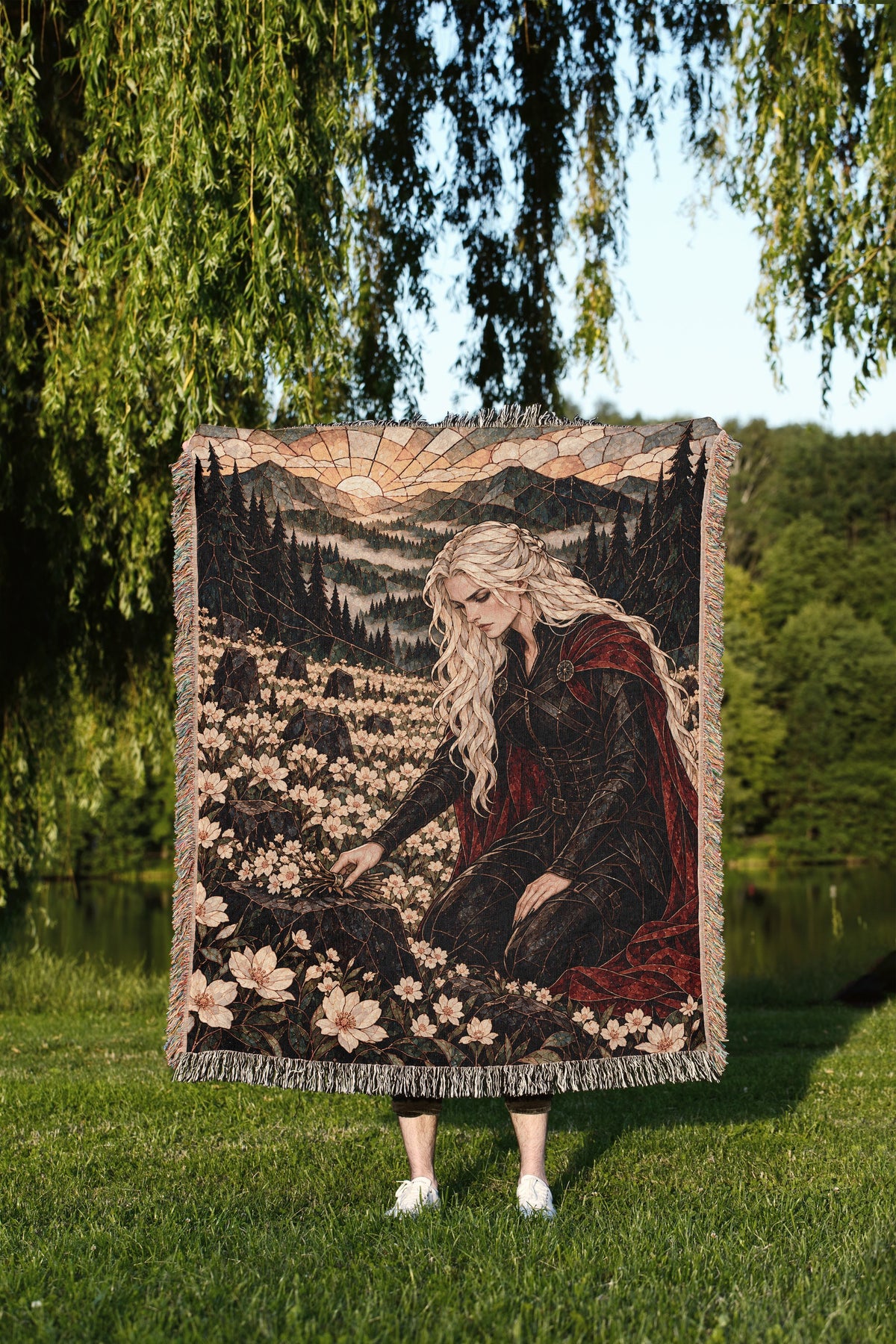 Flowers for the Fallen Woven Throw Blanket held up outdoors