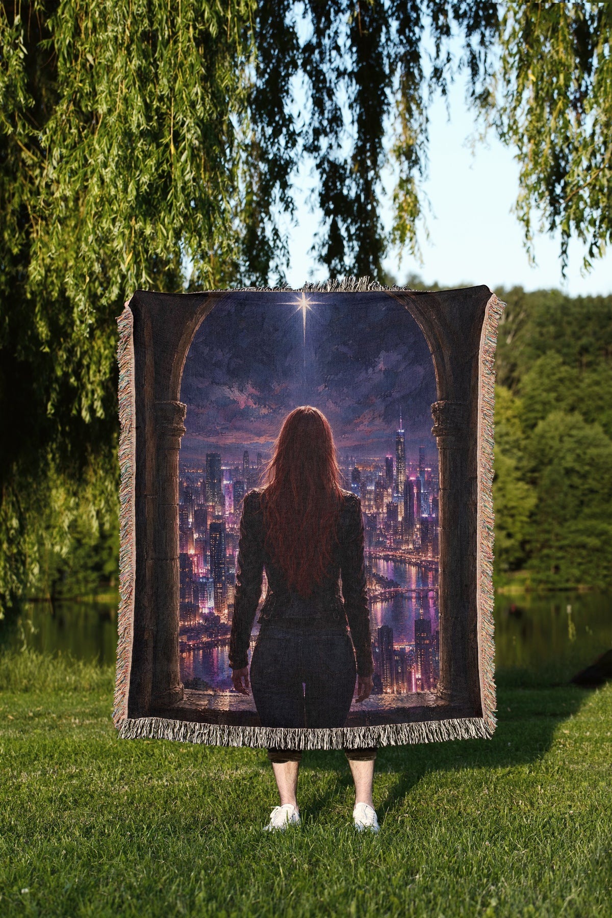Bryce over Lunathion Woven Throw Blanket held up outdoors