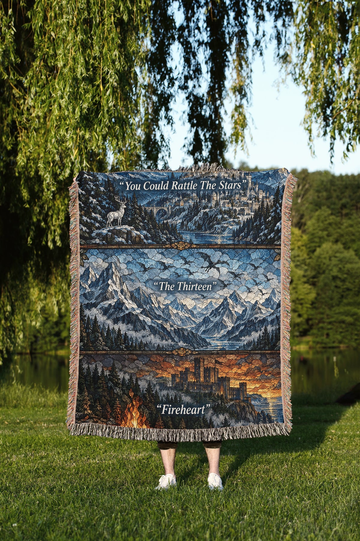 Terrasen Stained Glass Woven Throw Blanket held up outdoors