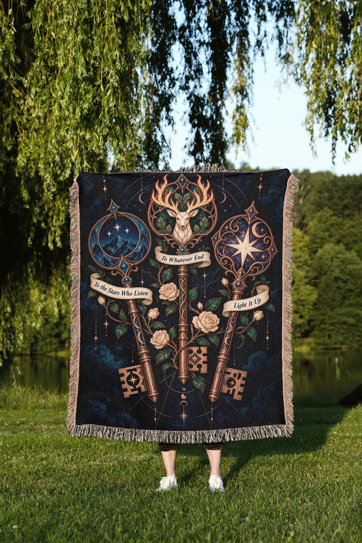 Bookish Maasverse Woven Throw Blanket held up outdoors