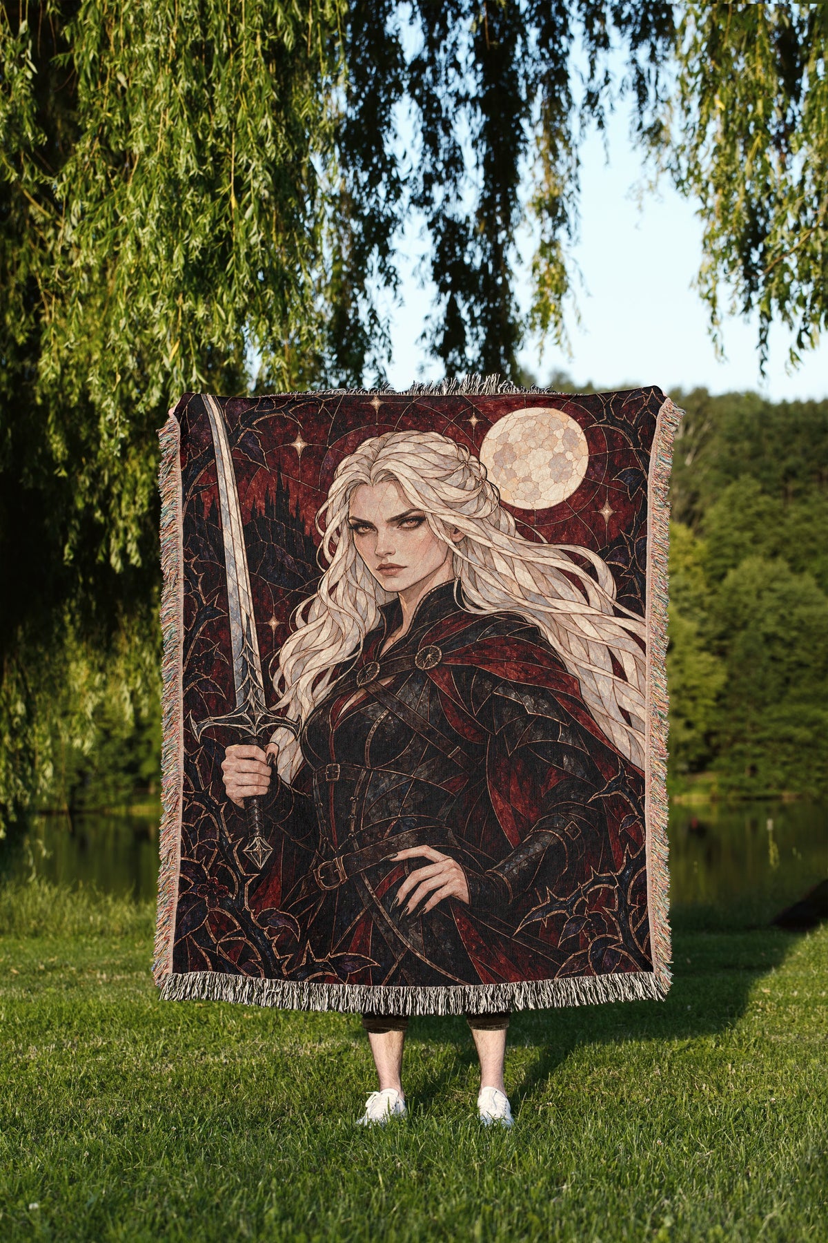 Iron Queen Woven Throw Blanket held up outdoors