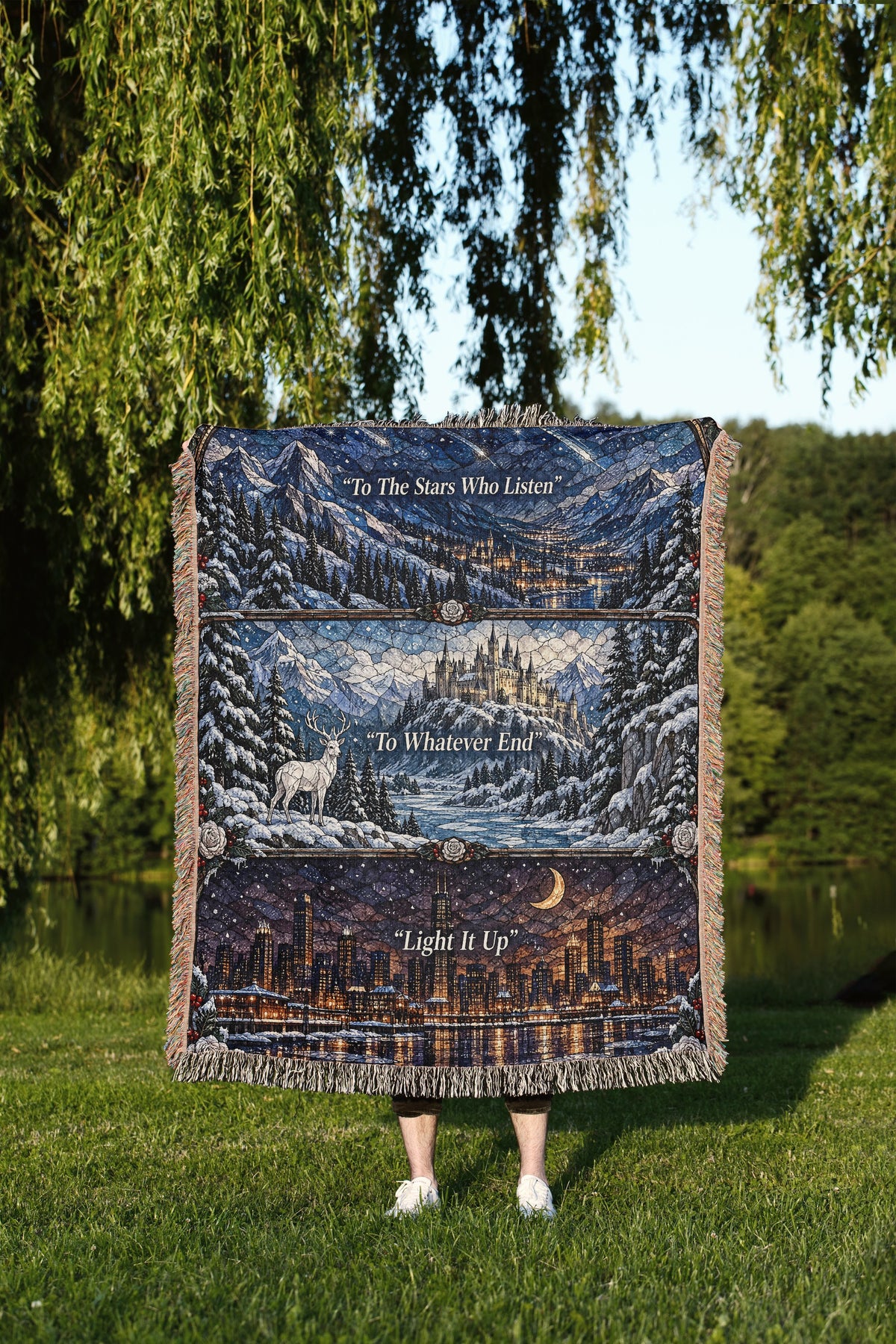 Winter Maasverse Stained Glass Woven Throw Blanket held up outdoors
