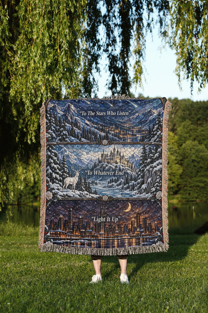 Winter Maasverse Stained Glass Woven Throw Blanket held up outdoors