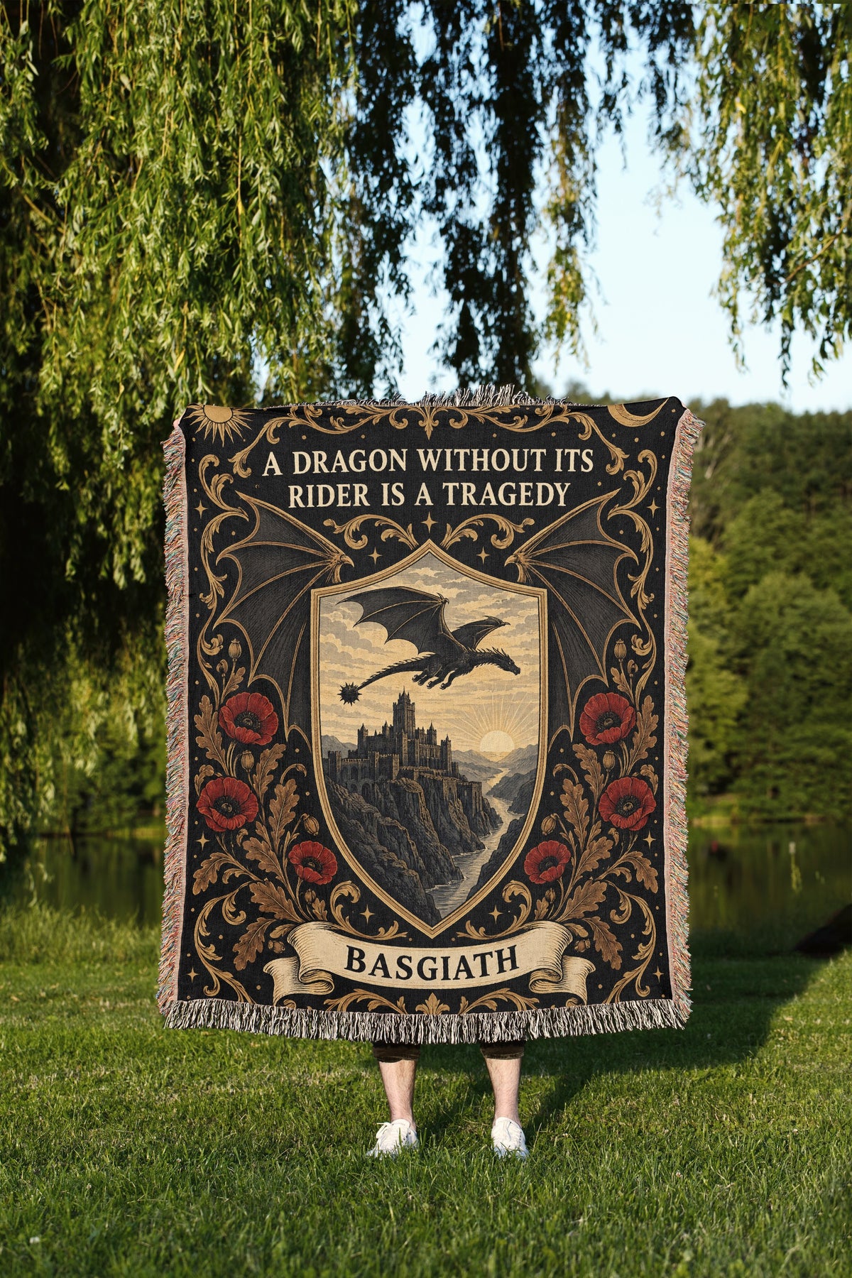 Basgiath Dragon Rider Crest Woven Throw Blanket held up outdoors