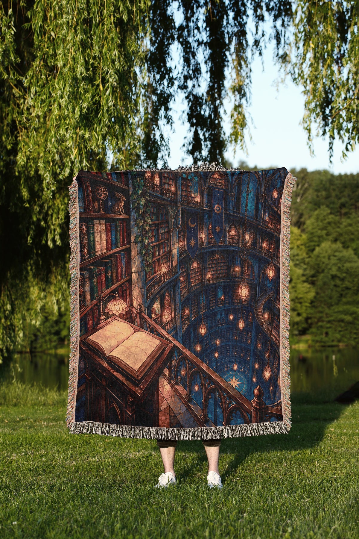 Midnight House of Wind Woven Throw Blanket held up outdoors